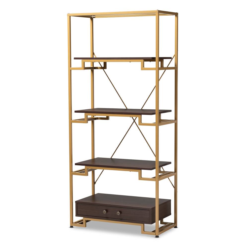 Baxton Studio Cerelia Modern and Contemporary Gold-Tone Steel and Dark Brown Finished Wood 3-Shelf Accent Bookcase with Drawer