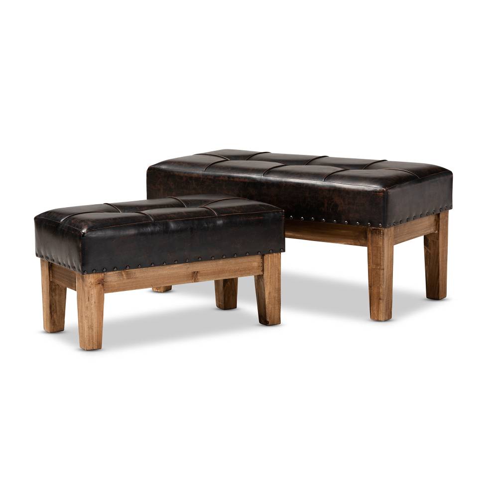 Baxton Studio Lenza Rustic Dark Brown Faux Leather Upholstered 2-Piece Wood Ottoman Set