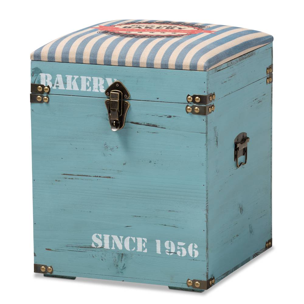 Baxton Studio Caye Vintage Striped Fabric Upholstered Light Blue Finished Wood Storage Trunk Ottoman