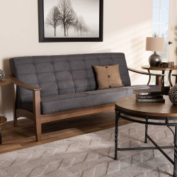 Baxton Studio Larsen Mid-Century Modern Gray Fabric Upholstered Walnut Wood Sofa