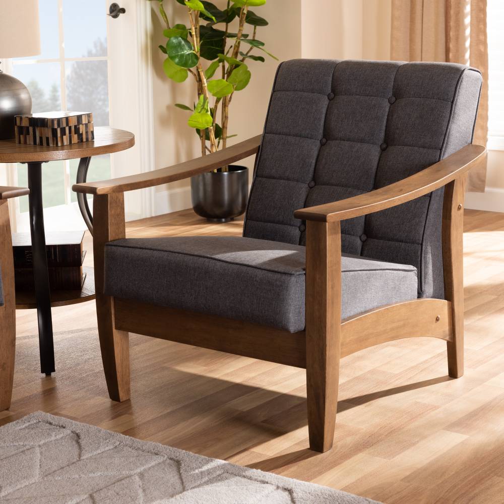 Baxton Studio Larsen Mid-Century Modern Gray Fabric Upholstered Walnut Wood Lounge Chair