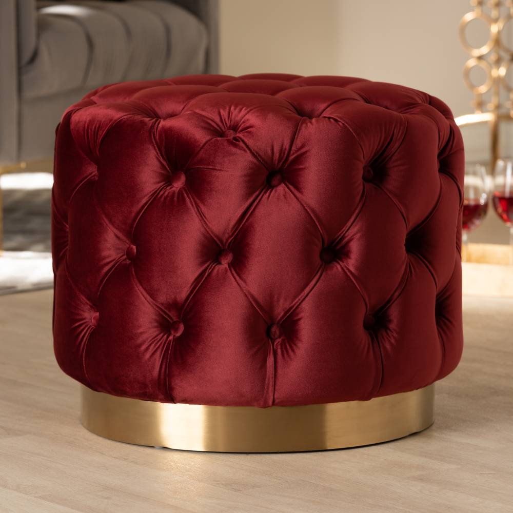 Baxton Studio Valeria Glam Burgundy Red Velvet Fabric Upholstered Gold-Finished Button Tufted Ottoman