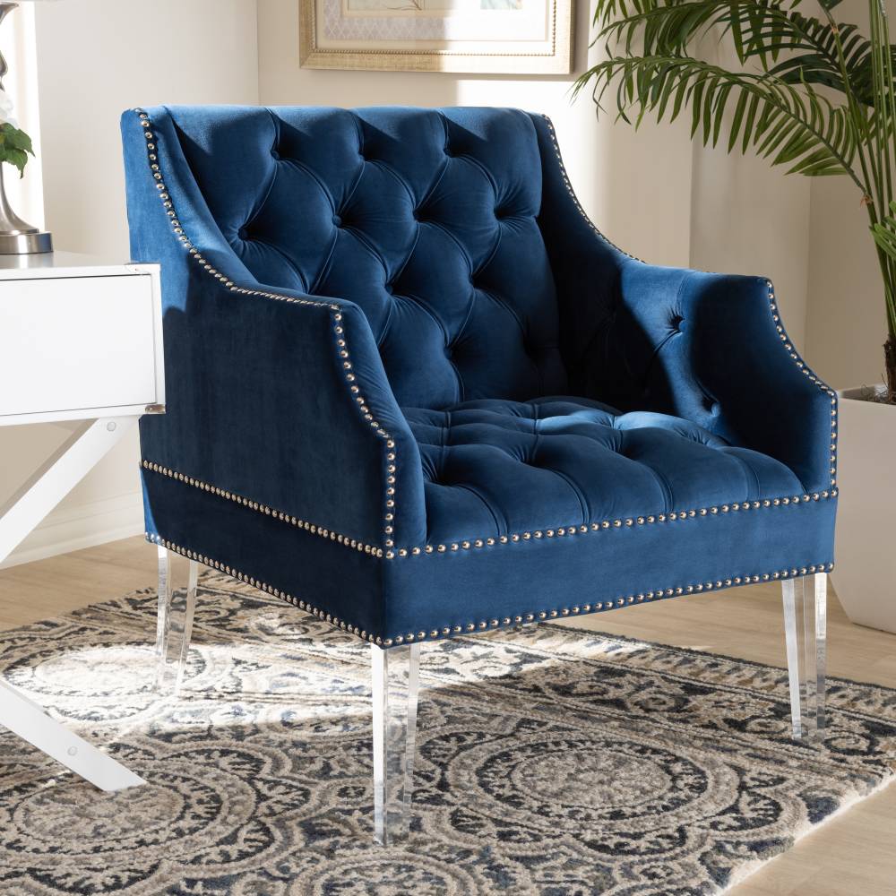 Baxton Studio Silvana Modern and Contemporary Navy Velvet Fabric Upholstered Lounge Chair with Acrylic Legs