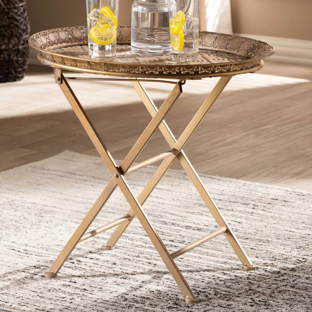 Baxton Studio Sabah Traditional Moroccan Inspired Matte Antique Gold Finished Metal Foldable Accent Tray Table