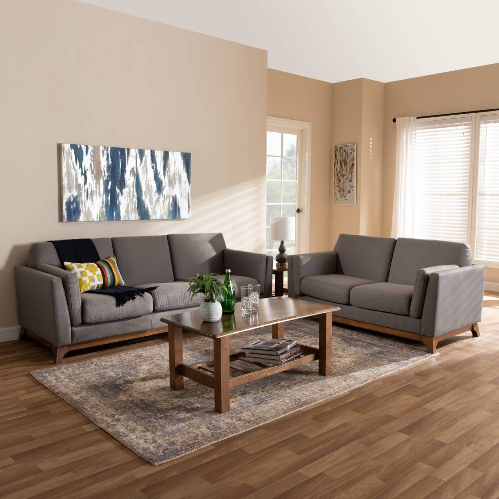 Baxton Studio Sava Mid-Century Modern Grey Fabric Upholstered Walnut Wood 2-Piece Living Room Set