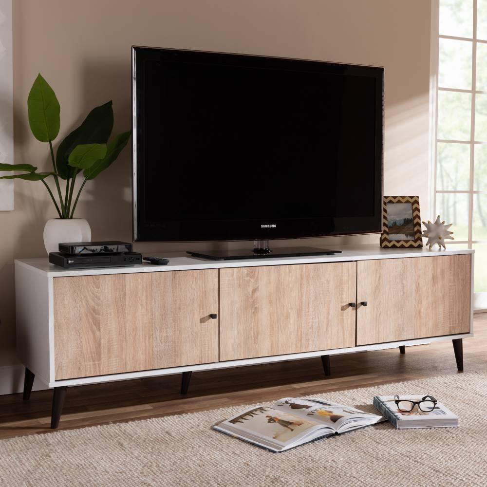 Baxton Studio Bastien Mid-Century Modern White and Light Oak 6-Shelf TV Stand