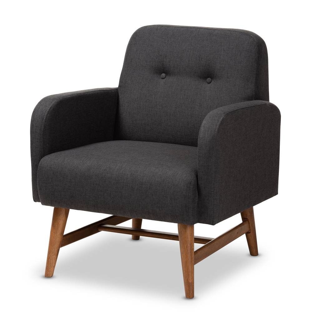 Baxton Studio Perrine Mid-Century Modern Dark Grey Fabric Upholstered Walnut-Finished Wood Lounge Chair