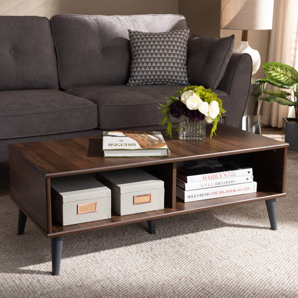 Baxton Studio Pierre Mid-Century Modern Brown and Dark Grey Finished Wood Coffee Table