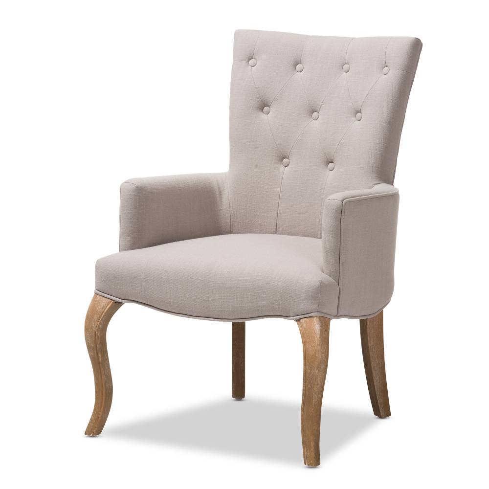 Baxton Studio Clotille French Provincial Beige Fabric Upholstered Whitewashed Oak Lounge Chair