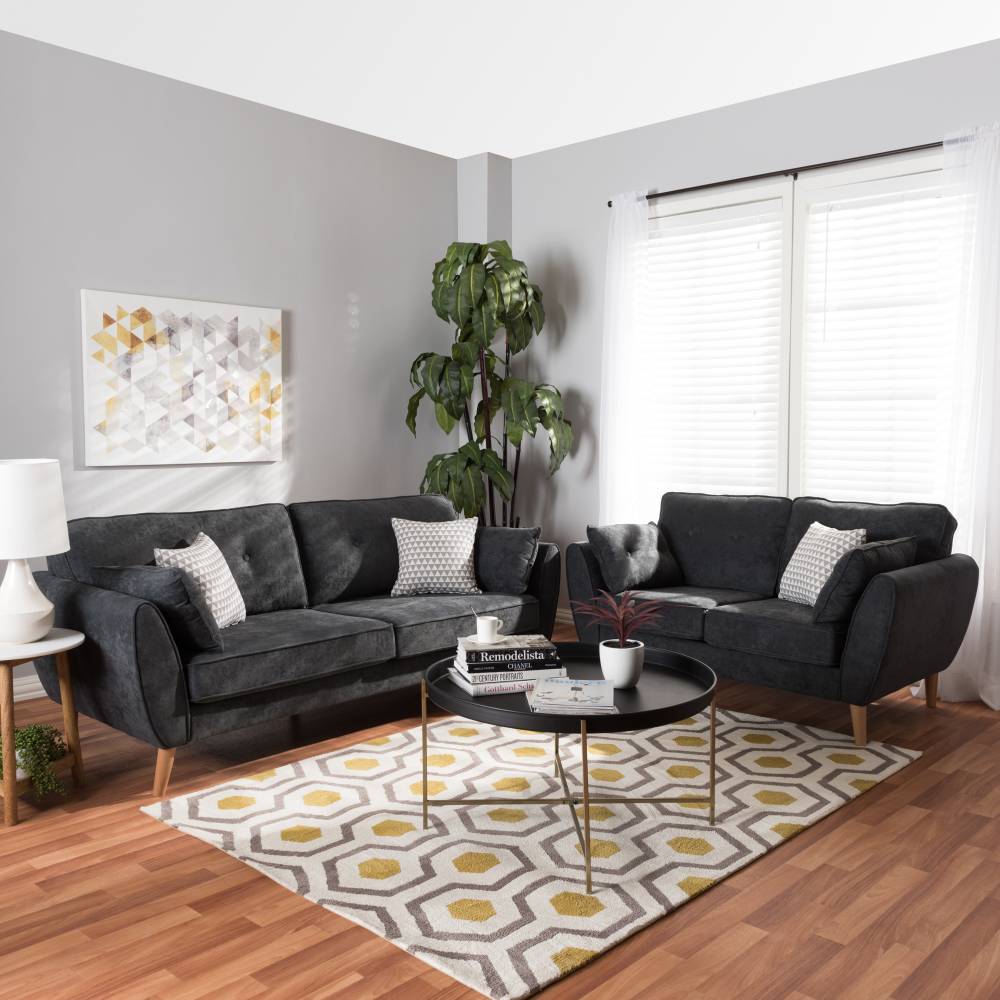 Baxton Studio Miranda Mid-Century Modern Dark Grey Fabric Upholstered 2-Piece Living Room Set