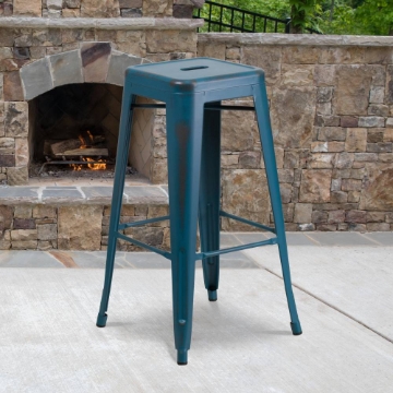 Distressed Blue Metal Stool