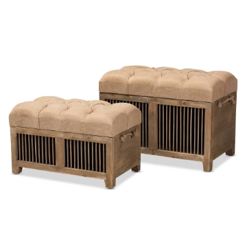 Baxton Studio Clement Rustic Transitional Farmhouse Beige Fabric Upholstered Medium Oak Finished 2-Piece Wood Spindle Storage Trunk Ottoman Set