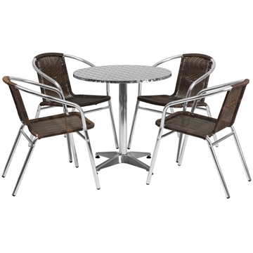 27.5'' Round Aluminum Indoor-Outdoor Table Set with 4 Beige Rattan Chairs