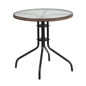 28'' Round Tempered Glass Metal Table with Black Rattan Edging
