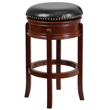 29'' High Backless Cappuccino Wood Barstool with Carved Apron and Black LeatherSoft Swivel Seat