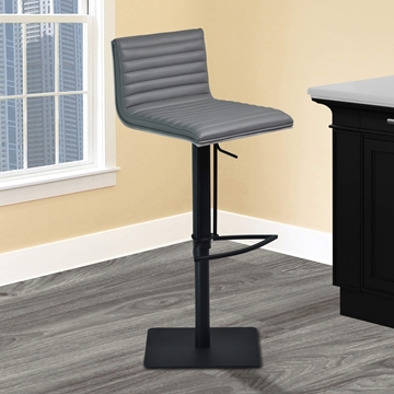Cafe Adjustable Swivel Barstool in Gray Faux Leather with Black Metal Finish and Gray Walnut Veneer Back