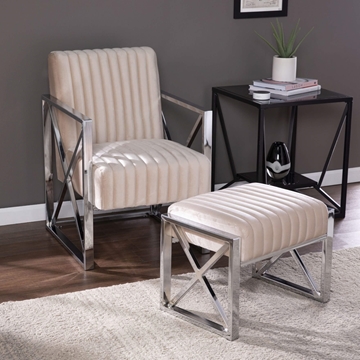 Ellison Velveteen Accent Chair and Ottoman – 2pc Set – Champagne w/ Chrome