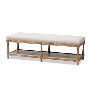 Baxton Studio Celeste French Country Weathered Oak Beige Linen Upholstered Ottoman Bench