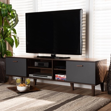 Baxton Studio Moina Mid-Century Modern Two-Tone Walnut Brown and Grey Finished Wood TV Stand