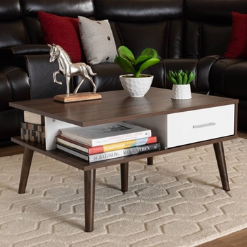 Baxton Studio Merlin Mid-Century Modern Two-Tone Walnut and White Finished 2-Drawer Wood Coffee Table