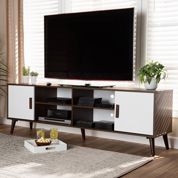 Baxton Studio Quinn Mid-Century Modern Two-Tone White and Walnut Finished 2-Door Wood TV Stand