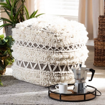 Baxton Studio Vesey Moroccan Inspired Beige and Brown Handwoven Wool Pouf Ottoman